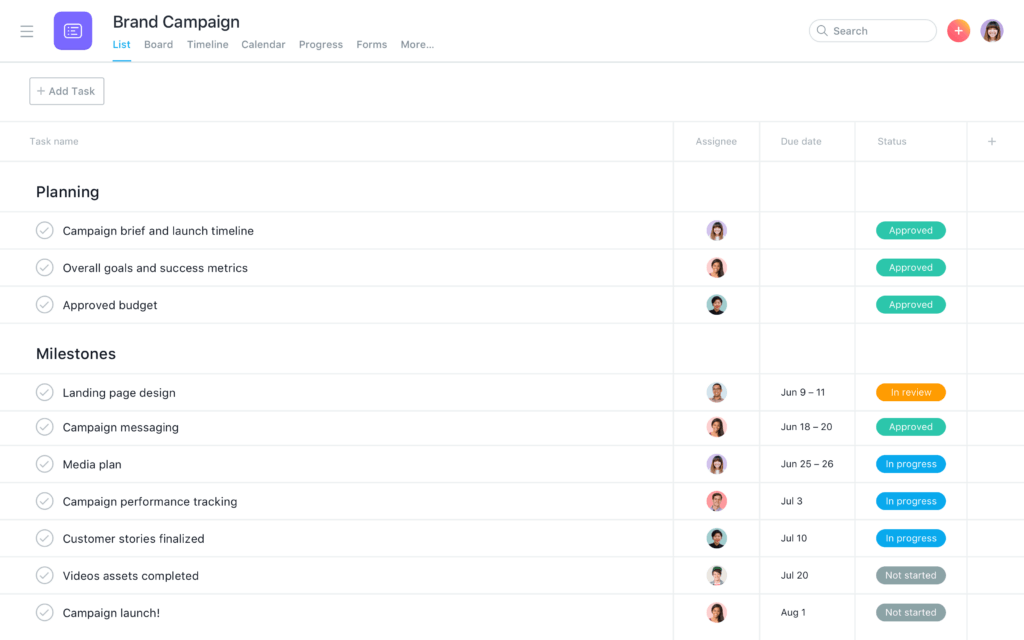 A screenshot of Asana's user interface, showing a list of tasks for a brand campaign.
