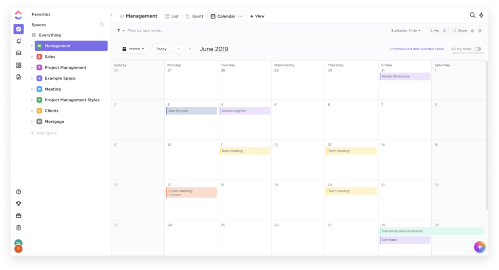 A screenshot of ClickUp's user interface, showing a calendar view of upcoming tasks.