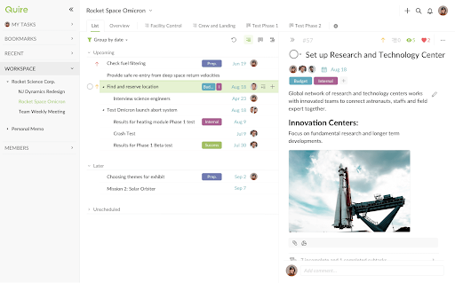 A screenshot of Quire's user interface, showing a list of tasks and subtasks with attachments.
