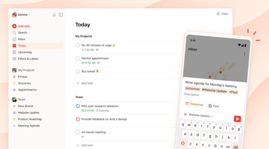 A screenshot of Todoist's user interface, showing to-do lists on desktop and mobile.