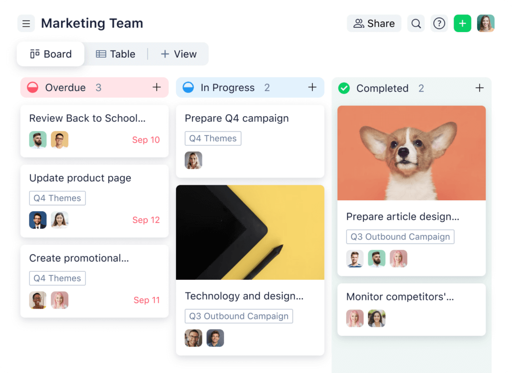 A screenshot of Wrike's user interface, showing a kanban board for a marketing team.
